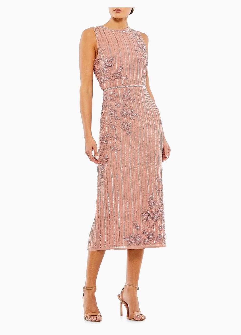 Mac Duggal Rose Pink Floral & Stripe Embellished Cocktail Dress Size 10